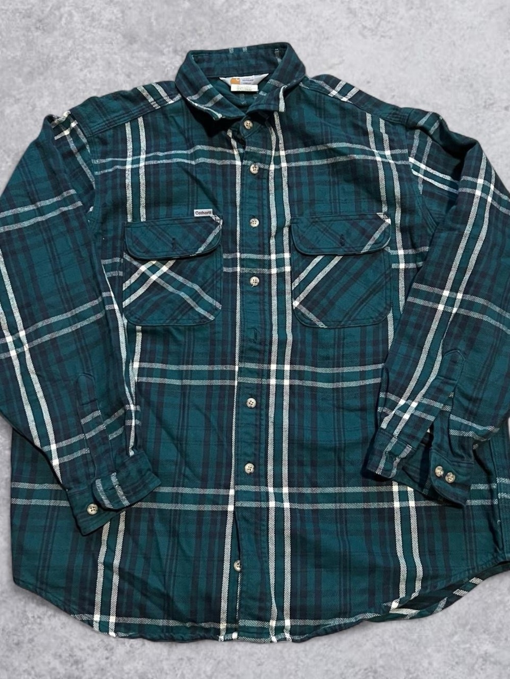 Vintage 90s Carhartt Mens XL Tall Plaid Flannel Shirt Teal Navy Made in USA